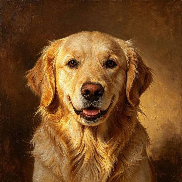 A golden retriever painted in classic oil style, framed like a gallery portrait